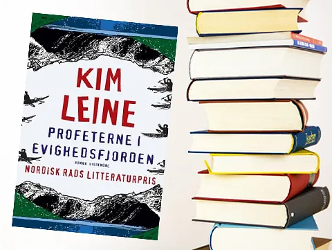 En stabel bøger og cover til Profeterne i Evighedsfjorden